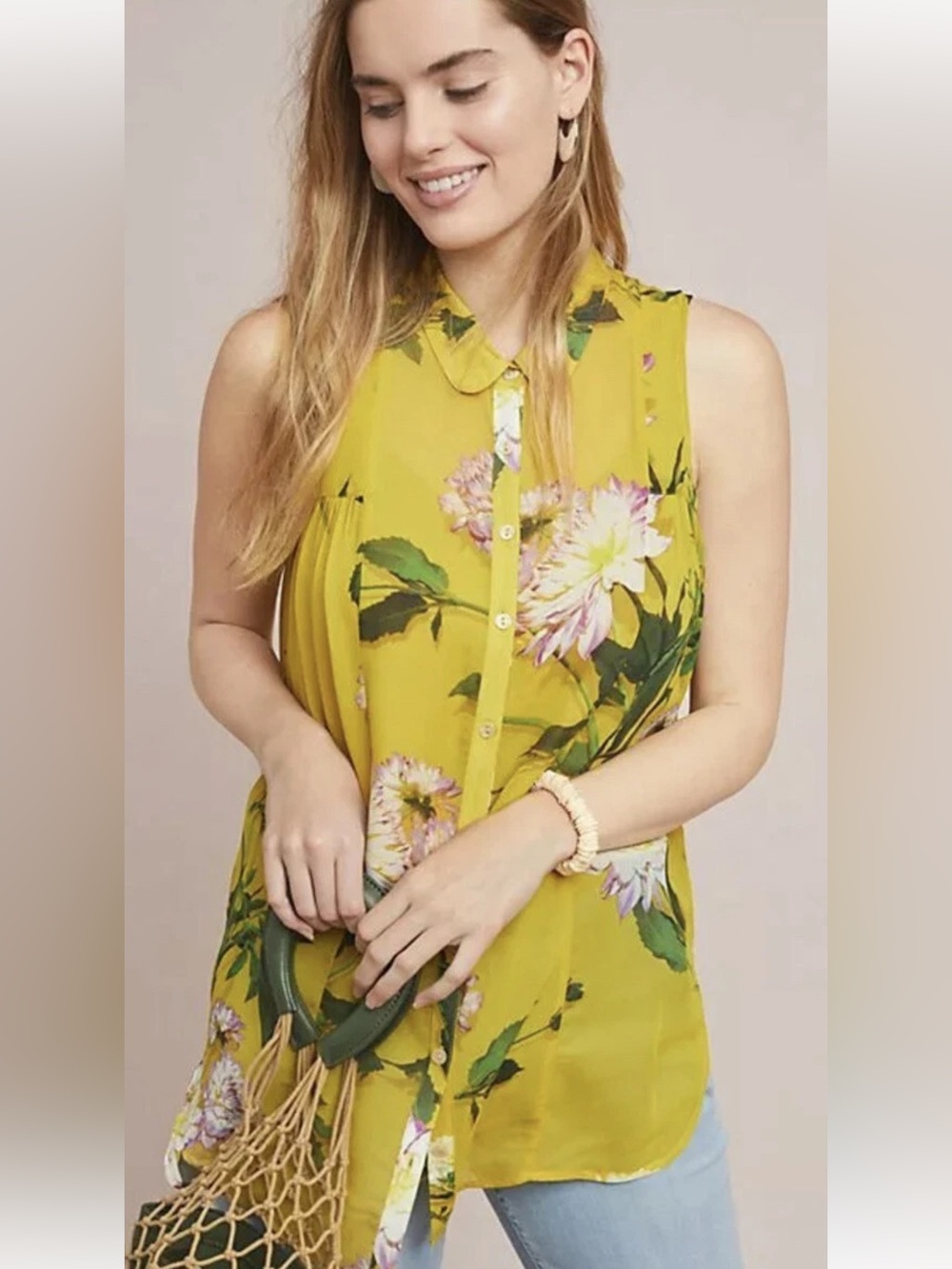 Anthropologie Yellow Floral Sleeveless Button-Down Blouse